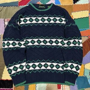 Vintage Embassy Road Hand Crafted Green Fair Isle Pattern Heavy Navy Sweater Med